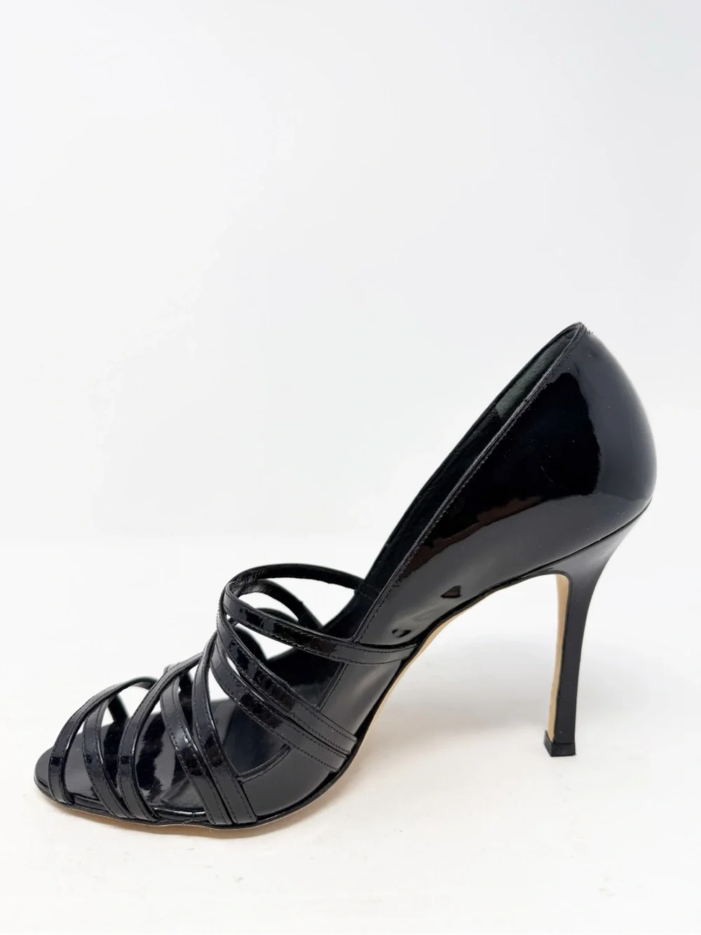 Manolo Blahnik CPETRA Patent Leather Strappy Heels Black Womens Size EU 37.5